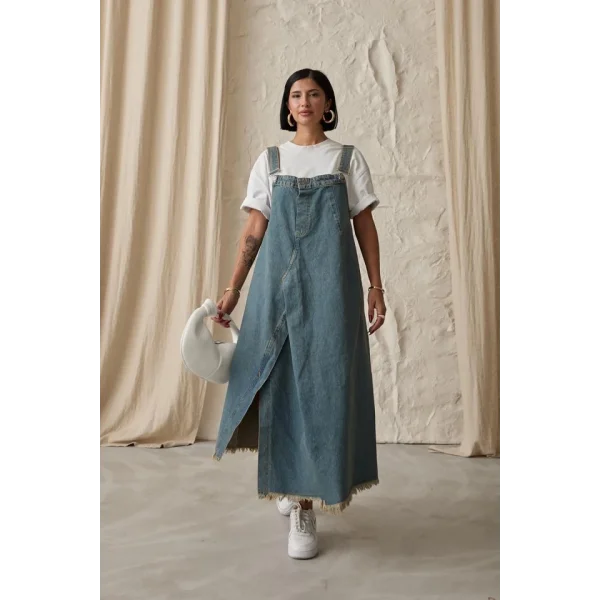 Mavi Askılı Düğmeli Kot Elbise