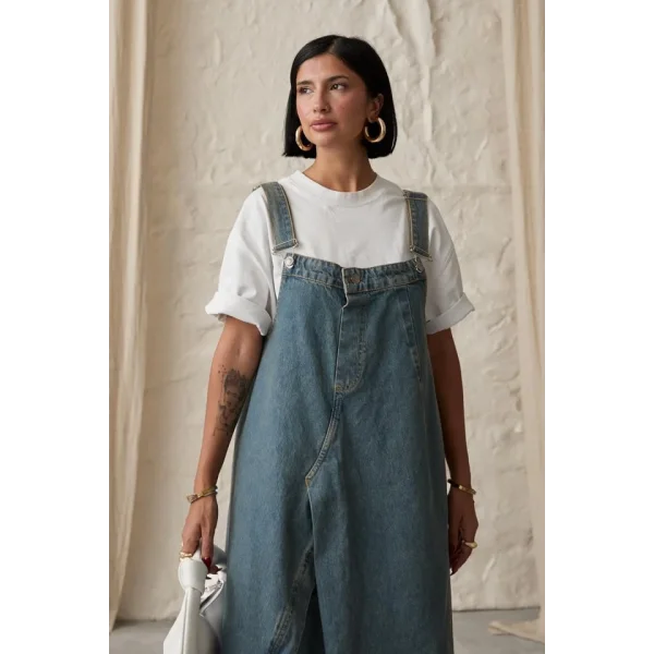 Mavi Askılı Düğmeli Kot Elbise