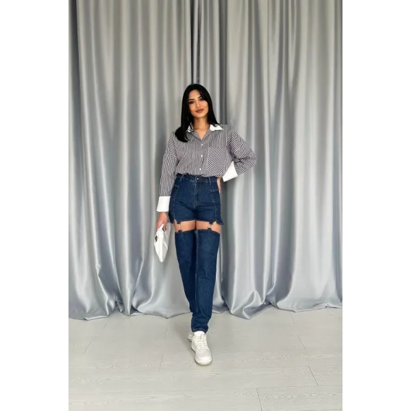 Mavi Askılı İki Parça Jeans Pantolon