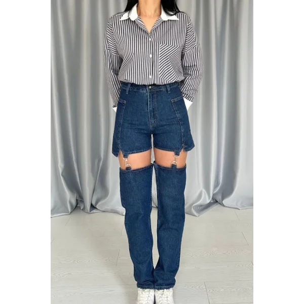 Mavi Askılı İki Parça Jeans Pantolon