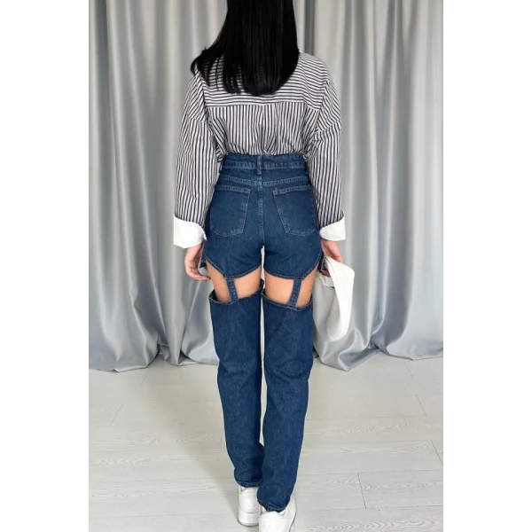 Mavi Askılı İki Parça Jeans Pantolon