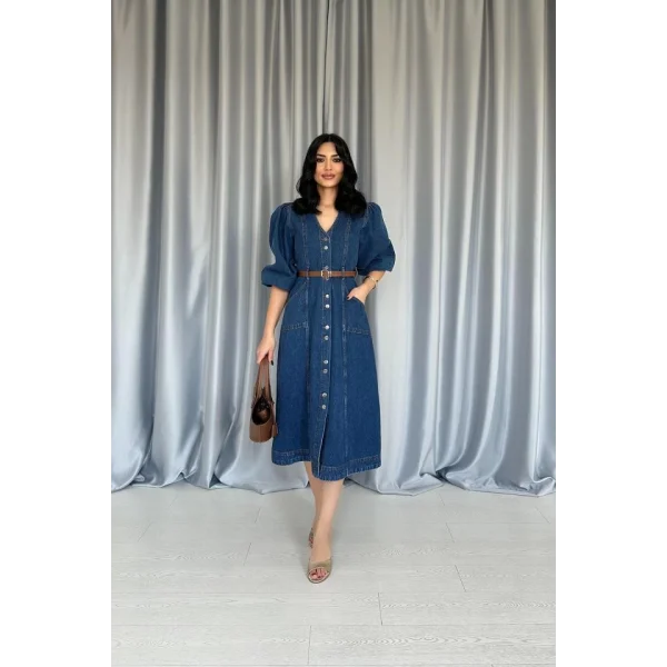 Mavi Balon Kol Kot Elbise