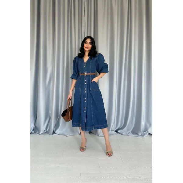 Mavi Balon Kol Kot Elbise