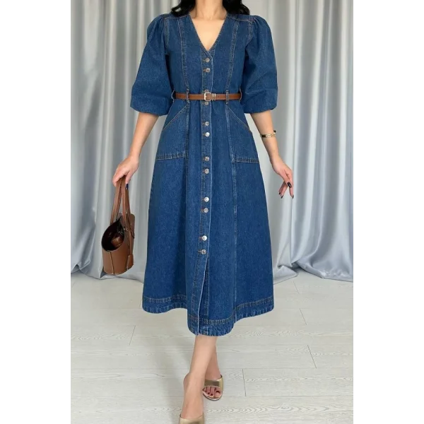 Mavi Balon Kol Kot Elbise