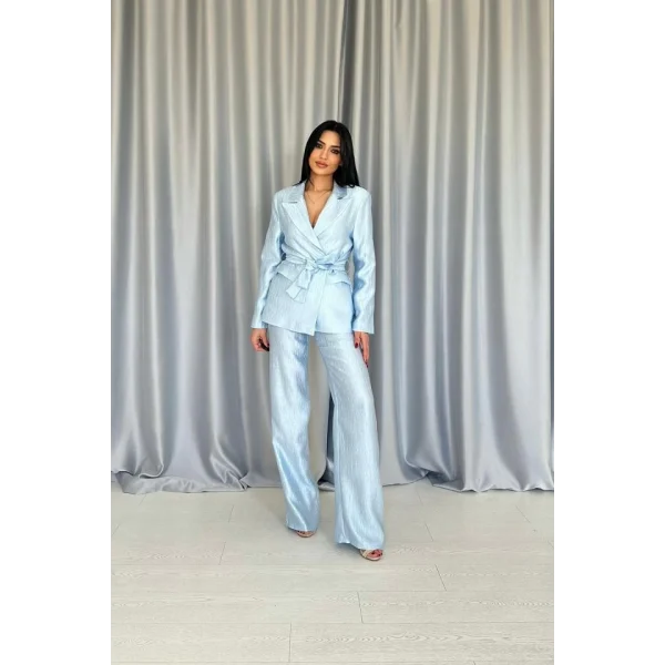 Mavi Beli Kuşaklı Ceket Ve Pantolon Parlak Takım