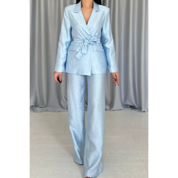 Mavi Beli Kuşaklı Ceket Ve Pantolon Parlak Takım