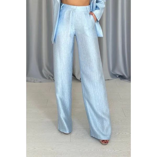 Mavi Beli Kuşaklı Ceket Ve Pantolon Parlak Takım