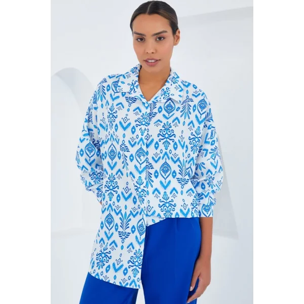 Mavi Beyaz Desenli Oversize Saten Gömlek 3985