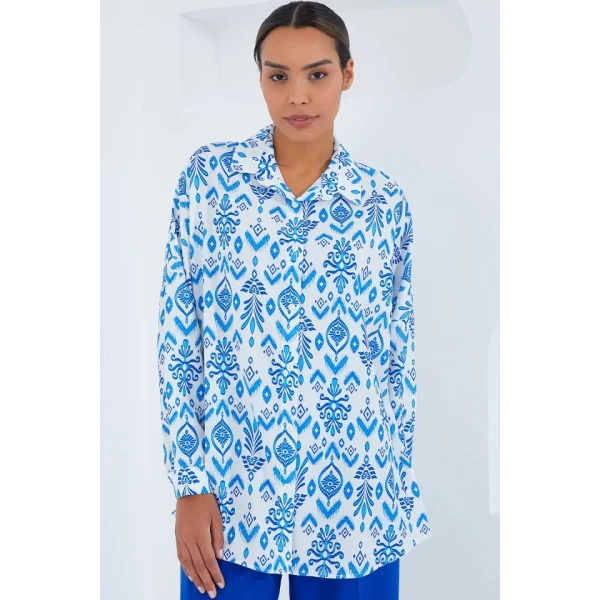Mavi Beyaz Desenli Oversize Saten Gömlek 3985