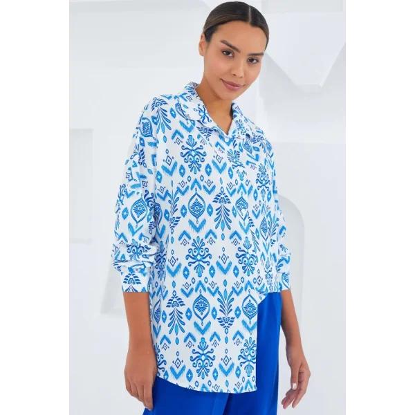 Mavi Beyaz Desenli Oversize Saten Gömlek 3985