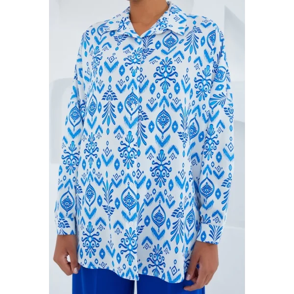 Mavi Beyaz Desenli Oversize Saten Gömlek 3985