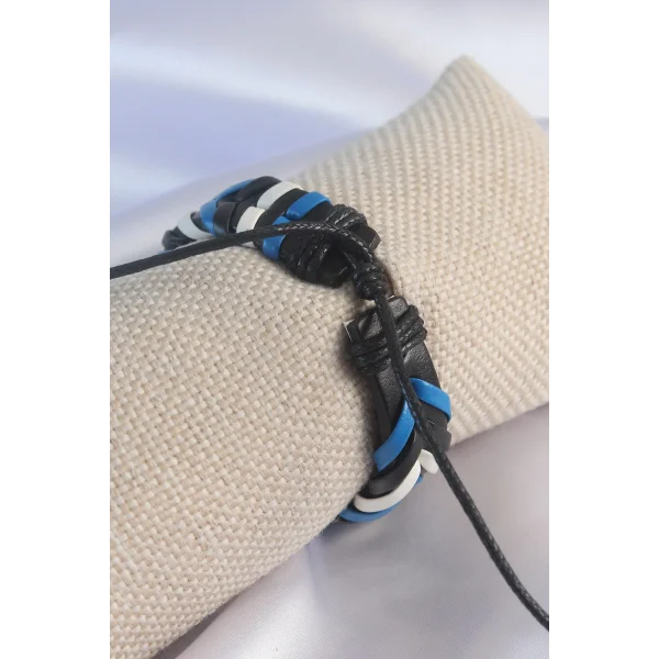 Mavi Beyaz Renk Siyah Deri İpli Erkek Bileklik