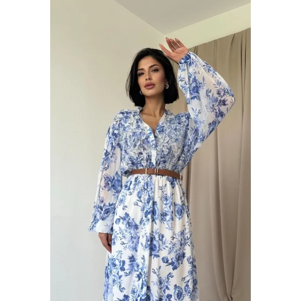 Mavi Biye Detaylı Elbise