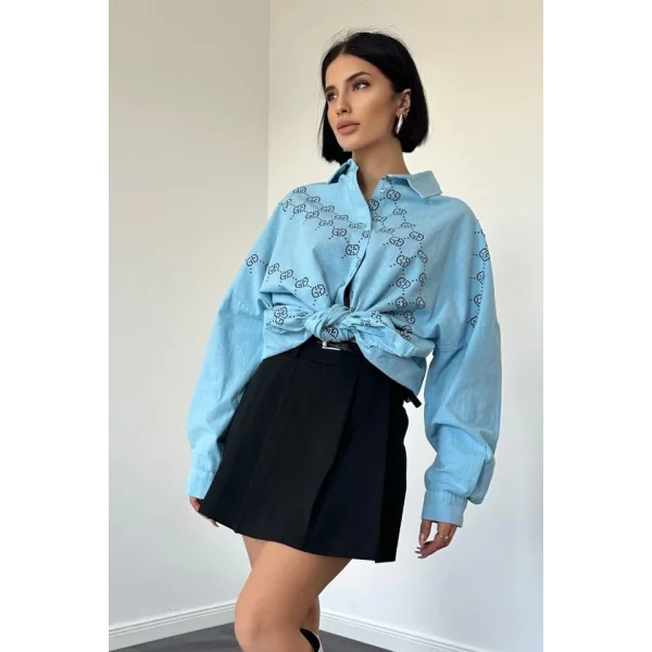 Mavi Boyamalı Keten Baskılı Taşlı Gömlek