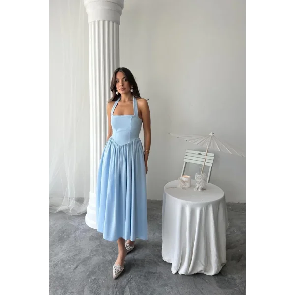 Mavi Boyundan Bağlamalı Keten Elbise