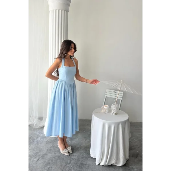 Mavi Boyundan Bağlamalı Keten Elbise