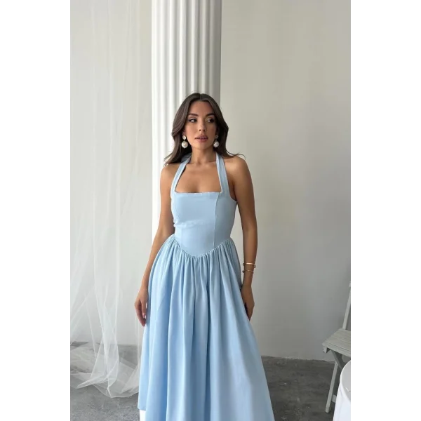 Mavi Boyundan Bağlamalı Keten Elbise