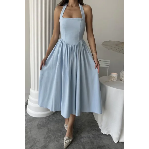 Mavi Boyundan Bağlamalı Keten Elbise