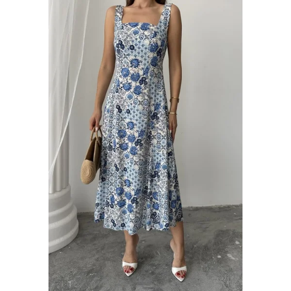 Mavi Çiçekli Viskon Elbise