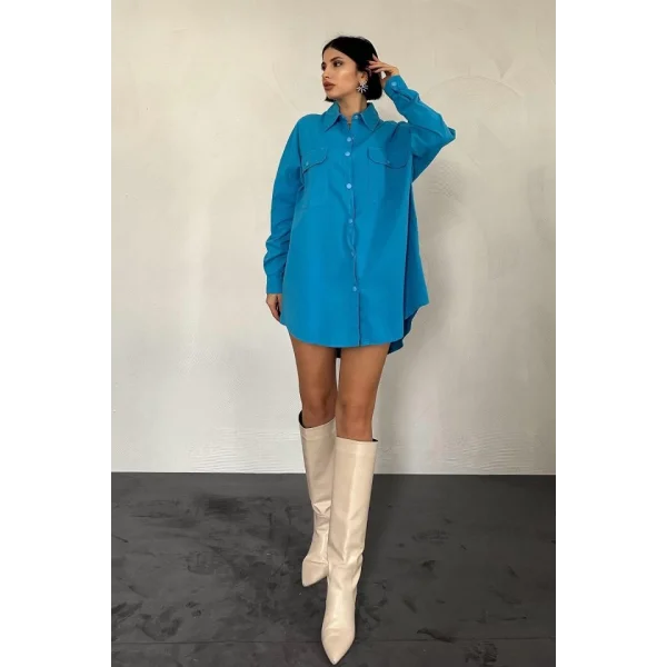 Mavi Çift Cep Kapaklı Çıtçıtlı Gömlek