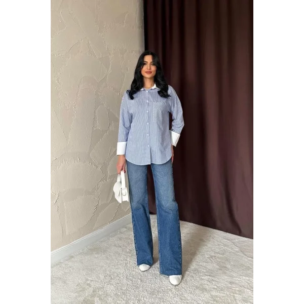 Mavi Çizgili Poplin Uzun Kol Gömlek