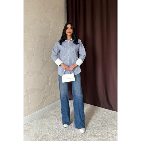 Mavi Çizgili Poplin Uzun Kol Gömlek