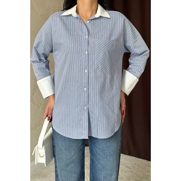Mavi Çizgili Poplin Uzun Kol Gömlek