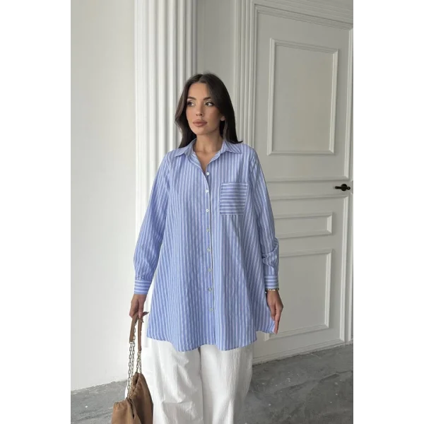 Mavi Çizgili Uzun Gömlek
