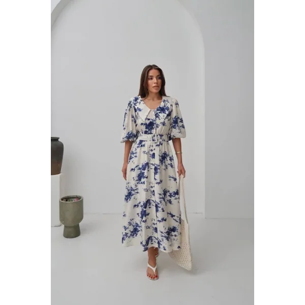 Mavi Desenli Kemerli Elbise