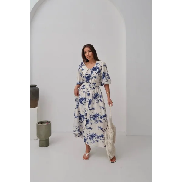 Mavi Desenli Kemerli Elbise