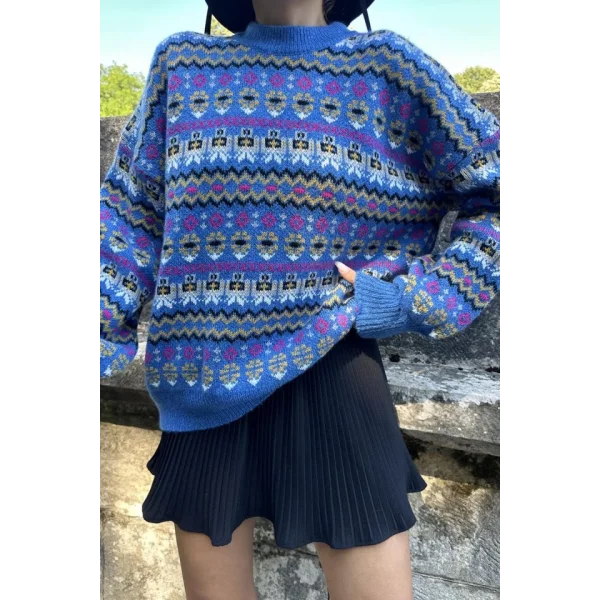 Mavi Desenli Triko Kazak