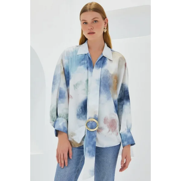 Mavi Ekru Oversize Dökümlü Saten Gömlek 907