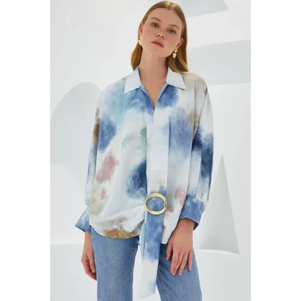 Mavi Ekru Oversize Dökümlü Saten Gömlek 907