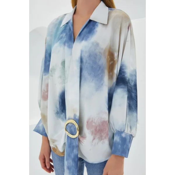 Mavi Ekru Oversize Dökümlü Saten Gömlek 907