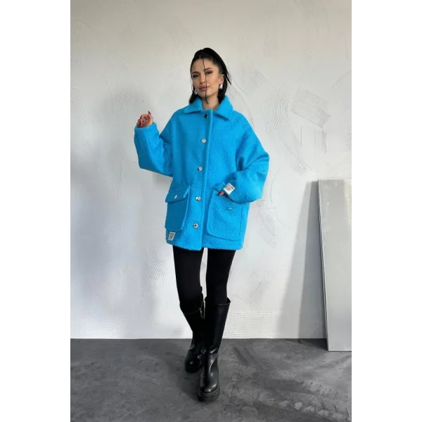 Mavi Etiketli Pile Detaylı Ceket
