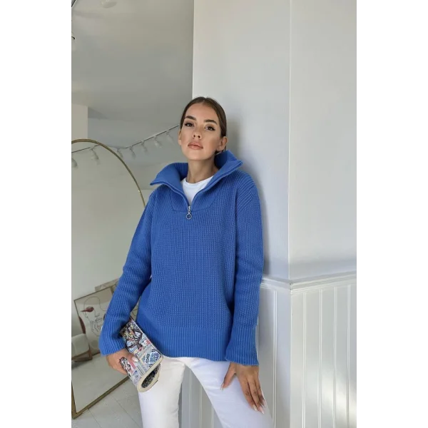 Mavi Fermuarlı Ve Boğazlı Triko Kazak