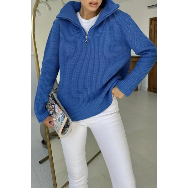 Mavi Fermuarlı Ve Boğazlı Triko Kazak