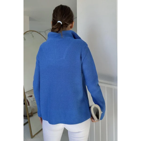 Mavi Fermuarlı Ve Boğazlı Triko Kazak