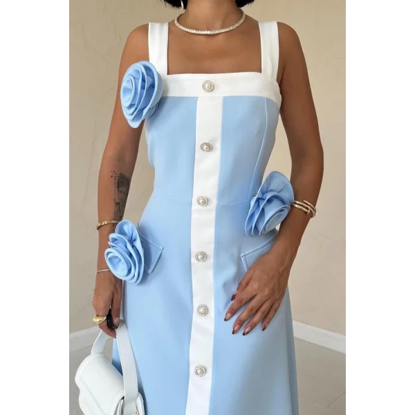 Mavi Güllü Askılı Elbise