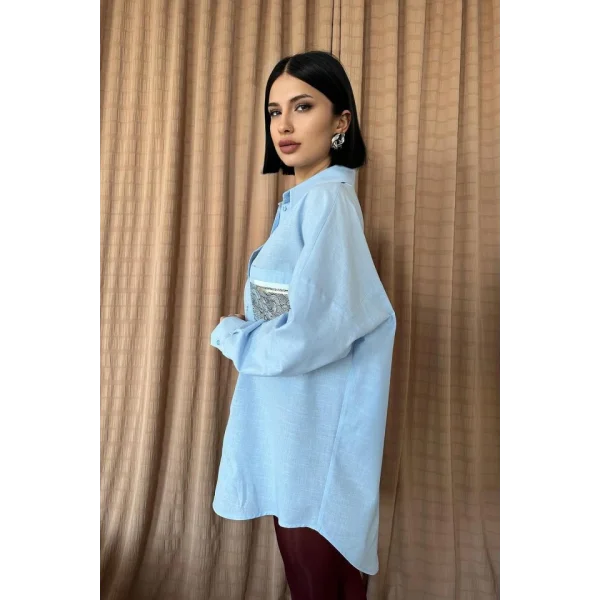 Mavi Keten Çift Cep Baskılı Gömlek