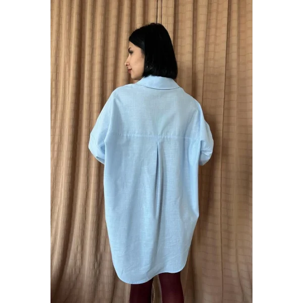 Mavi Keten Çift Cep Baskılı Gömlek