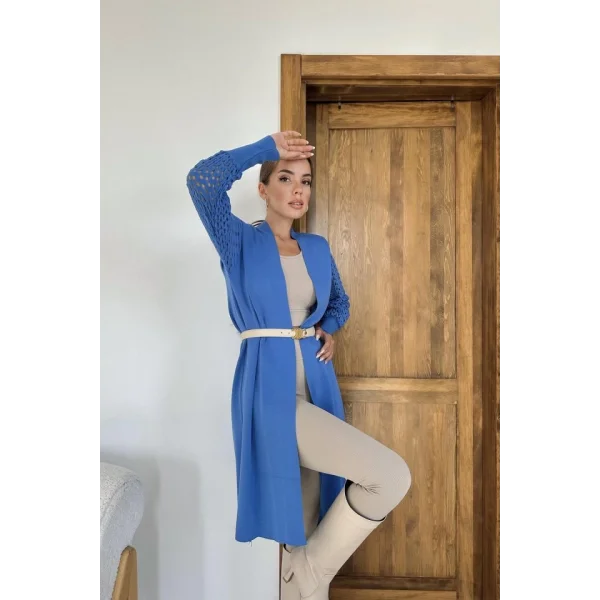 Mavi Kolları Örgülü Triko Hırka