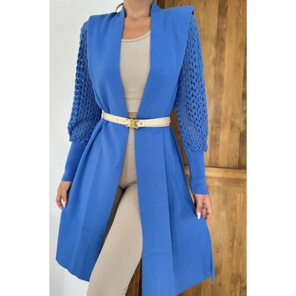 Mavi Kolları Örgülü Triko Hırka