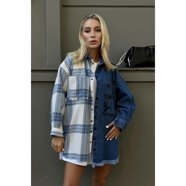 Mavi Kot Garni Parçalı Gömlek