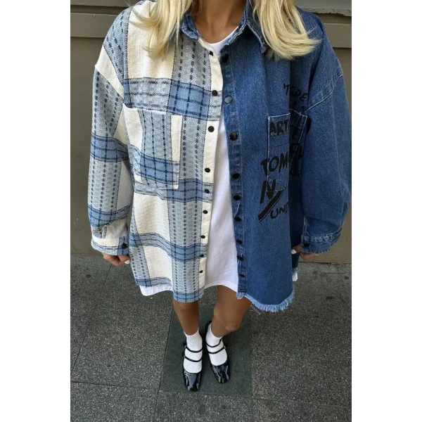 Mavi Kot Garni Parçalı Gömlek