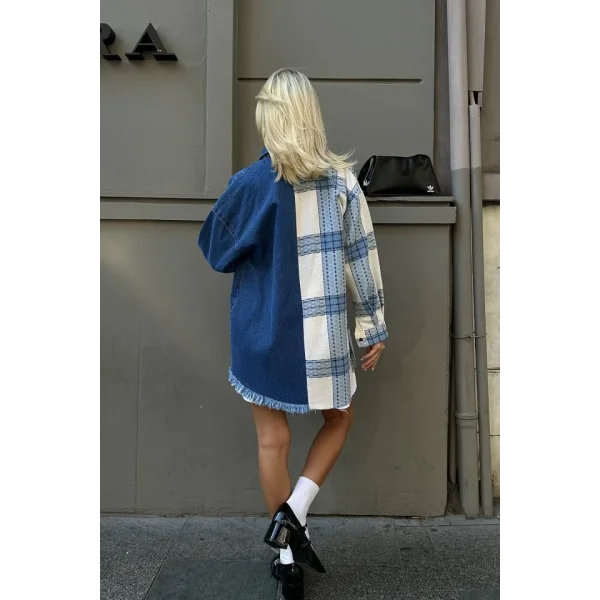 Mavi Kot Garni Parçalı Gömlek