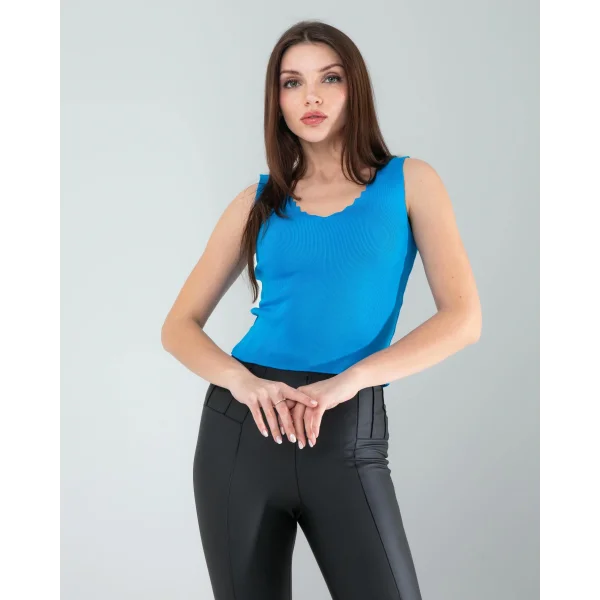 Mavi Merdiven Yaka Kalın Askı Crop Bluz