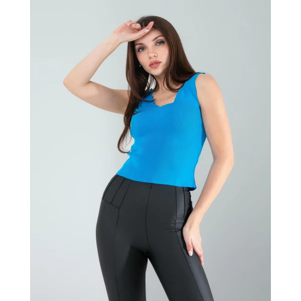 Mavi Merdiven Yaka Kalın Askı Crop Bluz