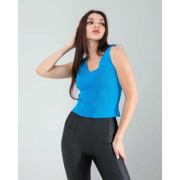 Mavi Merdiven Yaka Kalın Askı Crop Bluz