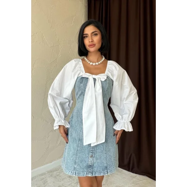 Mavi Önü Fiyoklu Kot Elbise